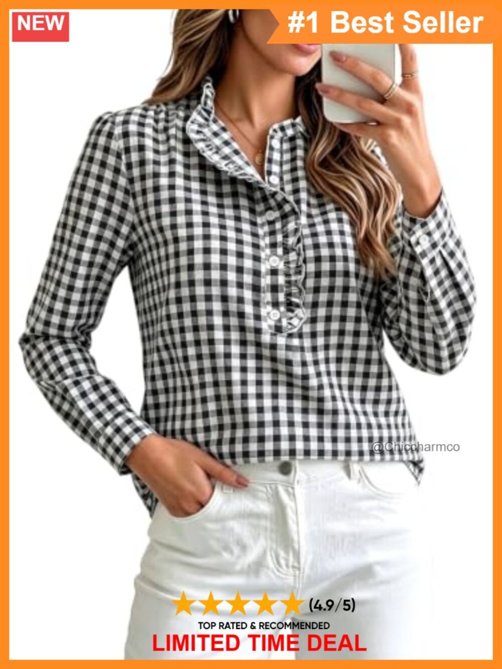 Puff Long Sleeve Plaid Button Down Shirt Ruffle Collar Loose Fit Top